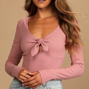 Ready or Knot Mauve Ribbed Tie-Front Long Sleeve Top